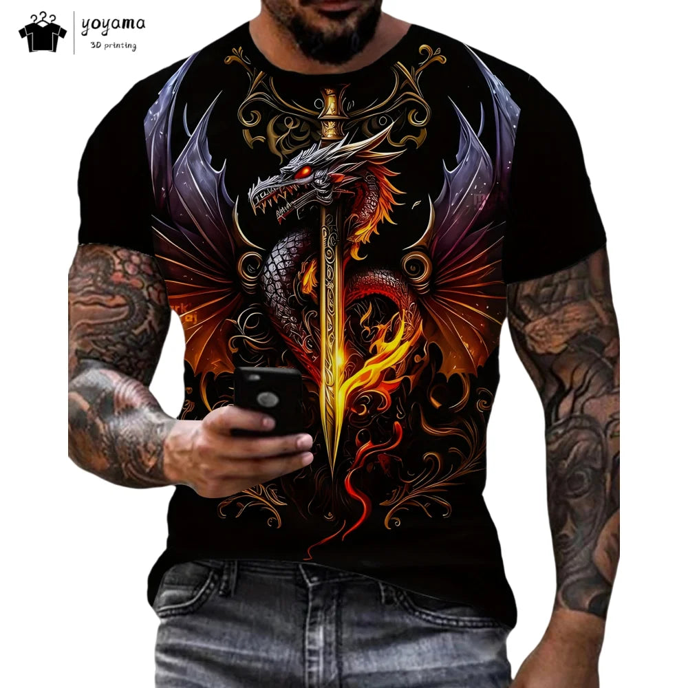 Herren-T-Shirt mit Drachenmuster, kurzärmeliges Fashion-Streetwear-Shirt, Rundhals-Top mit trendigem 3D-Tierprint, locker und vielseitig, Herrenbekleidung
