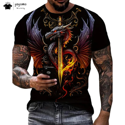 Herren-T-Shirt mit Drachenmuster, kurzärmeliges Fashion-Streetwear-Shirt, Rundhals-Top mit trendigem 3D-Tierprint, locker und vielseitig, Herrenbekleidung
