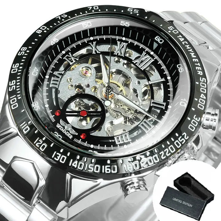 WINNER men’s automatic watch – Transparent skeletonised model, luminescent hands, stainless steel bracelet, luxury brand mechanical watch
