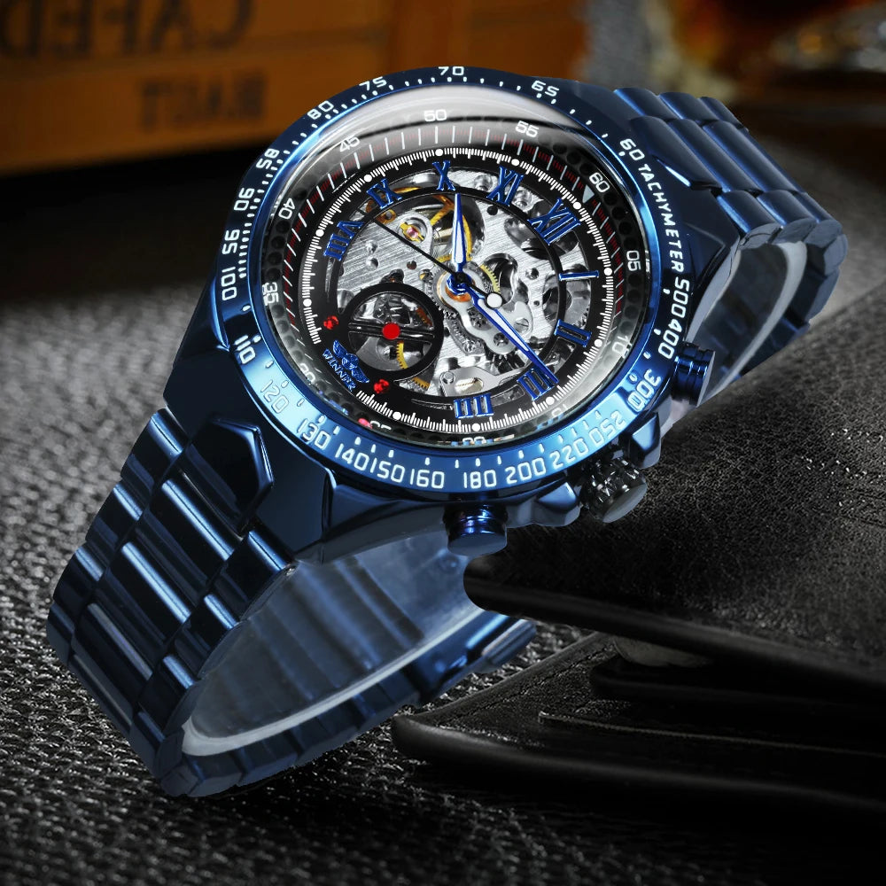WINNER men’s automatic watch – Transparent skeletonised model, luminescent hands, stainless steel bracelet, luxury brand mechanical watch