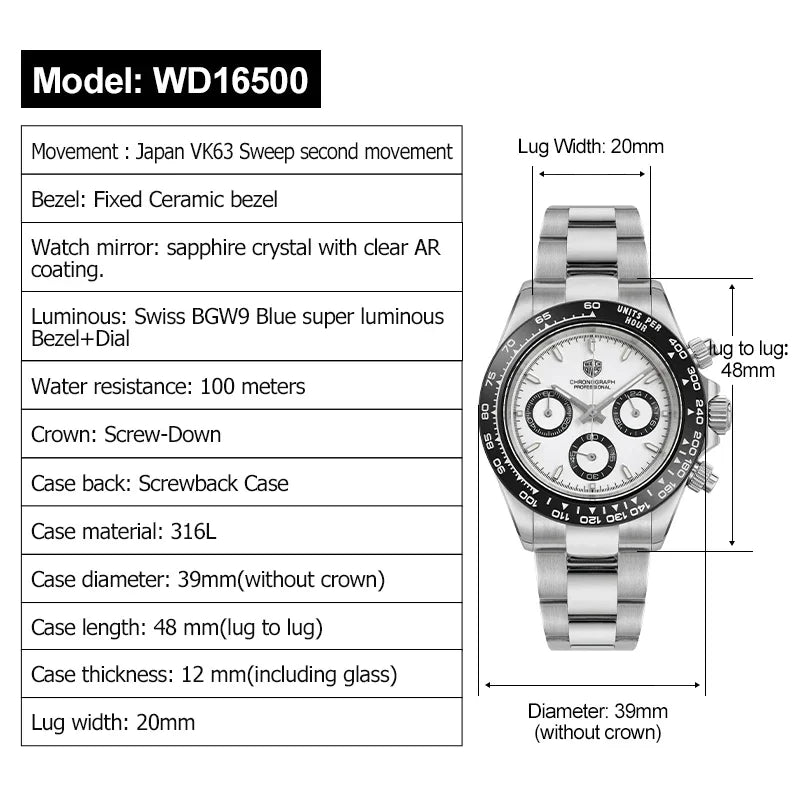 Watchdives WD16500 V2 Quartz Watch VK63 Sweep Sports Chronograph Watches Sapphire AR Coating BGW9 Luminous Waterproof Watches