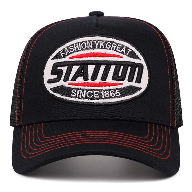 Naujo stiliaus unisex beisbolo kepuraitė Classic STATION su raidžių raštu ir tinkleliu vyrams ir moterims, pralaidi orui, gatvės stiliaus vasarinė sunkvežimio vairuotojo kepuraitė