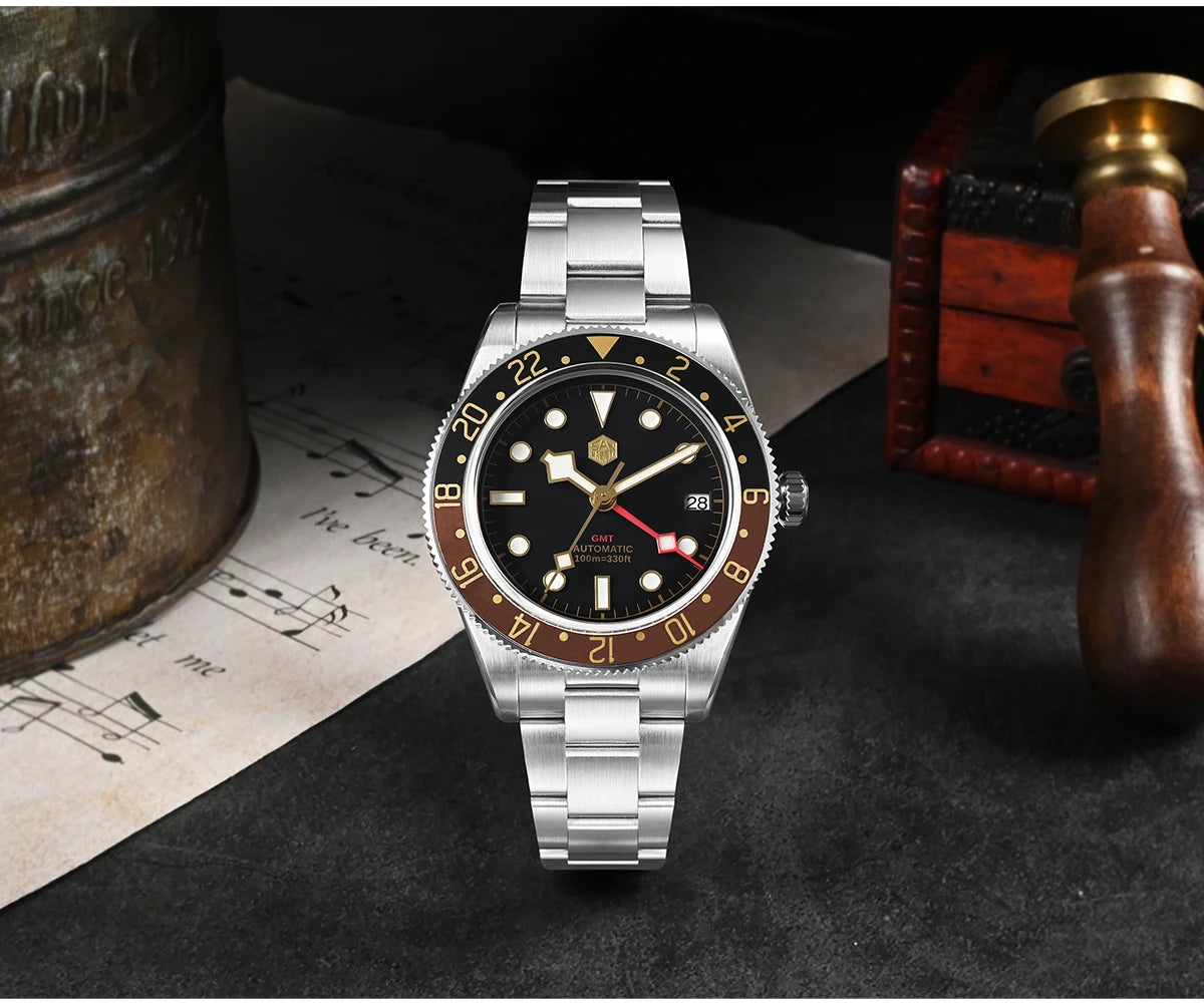 San Martin Root Beer Classic Vintage Luxury Men's Watch 39mm NH34 GMT Automatic Mechanical Watch Sapphire Waterproof 100m SN0109