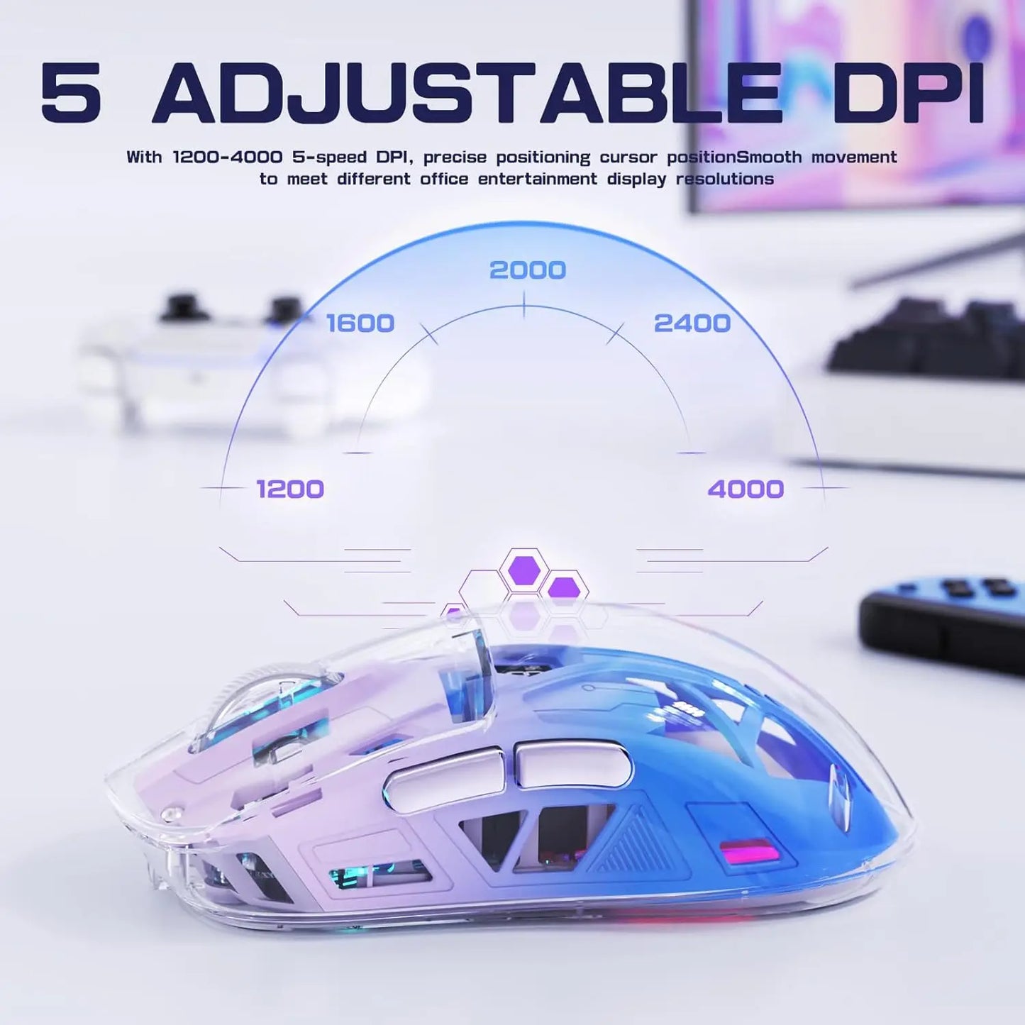 A2 transparent trådløs gamingmus, BT 5.0/2.4G genopladelig RGB-mus til PC med digital skærm, PixArt 3212, 5 justerbare DPI