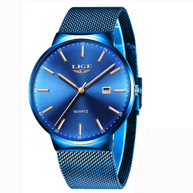 LIGE men’s watch, an elegant and luxurious model, ultra-thin, water-resistant, with a mesh strap, quartz movement, date and calendar display – ideal for a professional look.