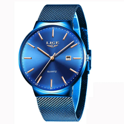 LIGE men’s watch, an elegant and luxurious model, ultra-thin, water-resistant, with a mesh strap, quartz movement, date and calendar display – ideal for a professional look.