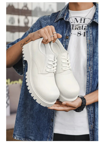 Thick Sole Casual Genuine Leather Dress Shoes Men Platform Height Increase Japan Harajuku Korean Streetwear Fashion Shoes White