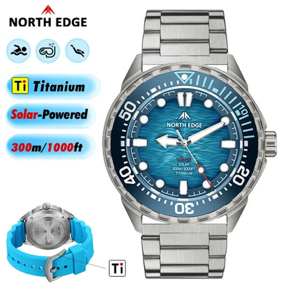 NORTH EDGE NEW+ TRITON-TI titán napelemes búváróra, luxus kvarc karóra férfiaknak, 300 m vízállóság, 180+ napos üzemidő