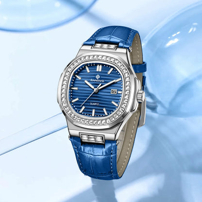 BANGWEI divatos, elegáns, luxus kvarc női karóra, egyszerű számlappal, gyémánttal, retro bőr szíjjal, dátummal, vízálló, világító női karórák