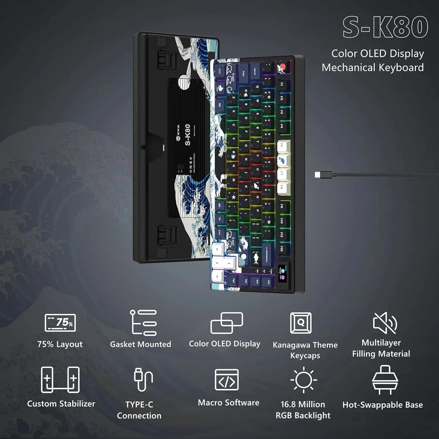 Teclado gamer Womier S-K80 con pantalla OLED a color, teclado mecánico gaming hot-swappable con montaje gasket y RGB personalizable