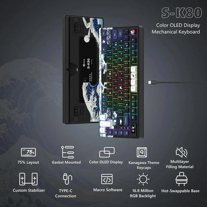 Teclado gamer Womier S-K80 con pantalla OLED a color, teclado mecánico gaming hot-swappable con montaje gasket y RGB personalizable