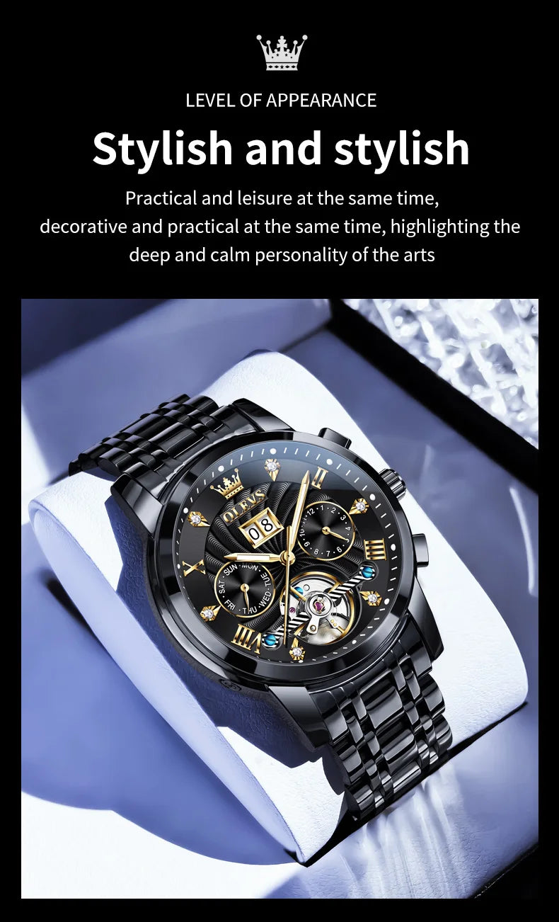OLEVS Men's Watches 9910 Luxury Fashion Original Automatic Mechanical Watch for Man Waterproof Luminous Hollowed Out Movement