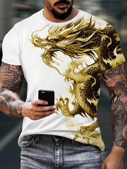 T-shirt da uomo con stampa drago, tessuto casual traspirante, maglietta grafica street style, moda outdoor, camicia a maniche corte da uomo