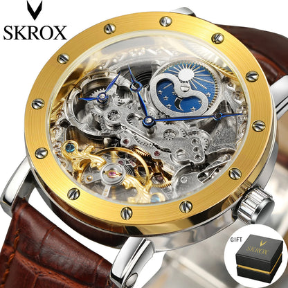 SKROX automatic mechanical wristwatch for men, skeletonised model with GMT function, moon phase and tourbillon – A high-end, elegant and original luxury watch.