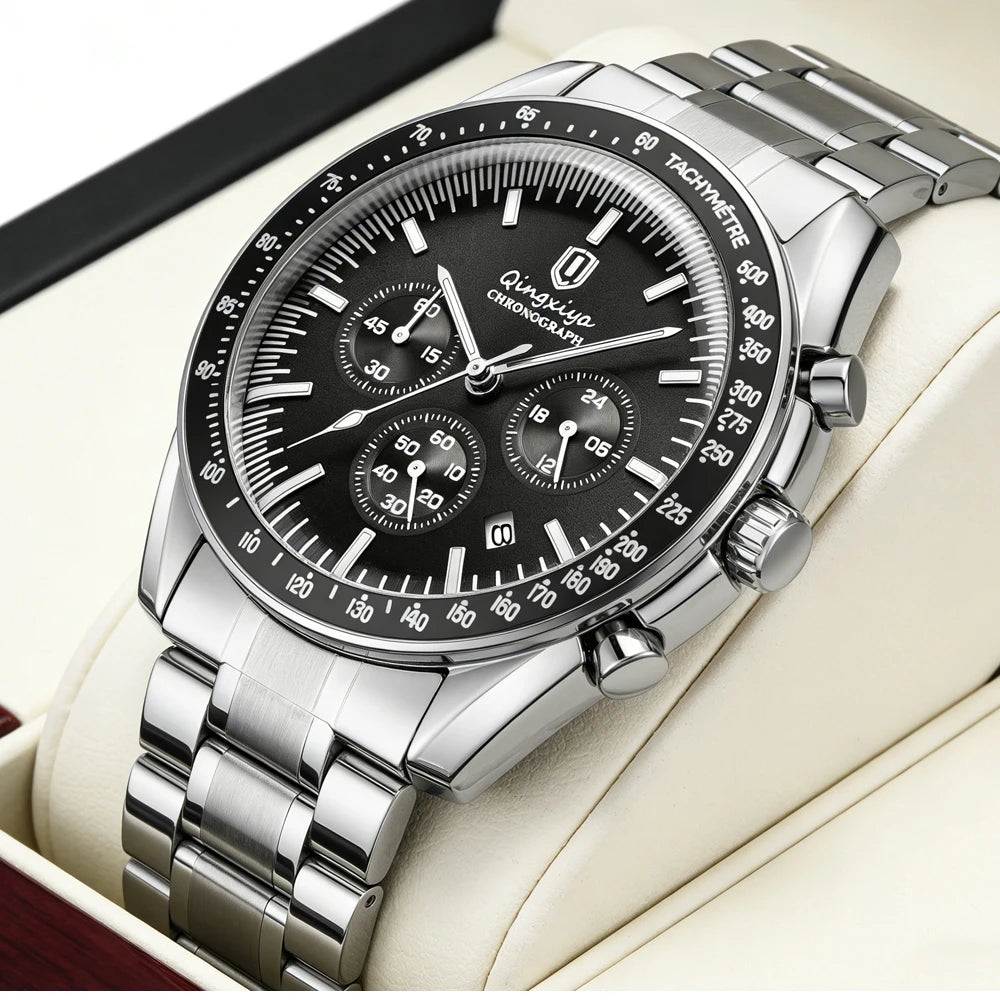 Montre à quartz pour homme, de marque de luxe, étanche et luminescente, en acier inoxydable, dotée d'un chronographe 24 heures et d'un affichage de la date – Montre élégante pour homme