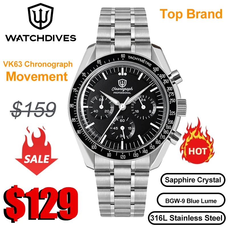 Orologio da uomo Watchdives New Wd1863 al quarzo VK63, cronografo con vetro zaffiro bombato, impermeabile, 39 mm, in acciaio, top brand, orologio business di lusso