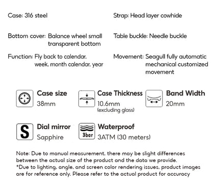 FARASUTE Men's Mechanical Watch Flyback Function Seagull Movement Month Display Week Display Calendar YearDisplay Sapphire Watch