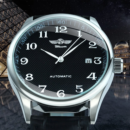 Montre classique pour homme – Style rétro avec calendrier et aiguilles bleues, mouvement mécanique automatique, marque de prestige, boîtier en acier et bracelet en cuir
