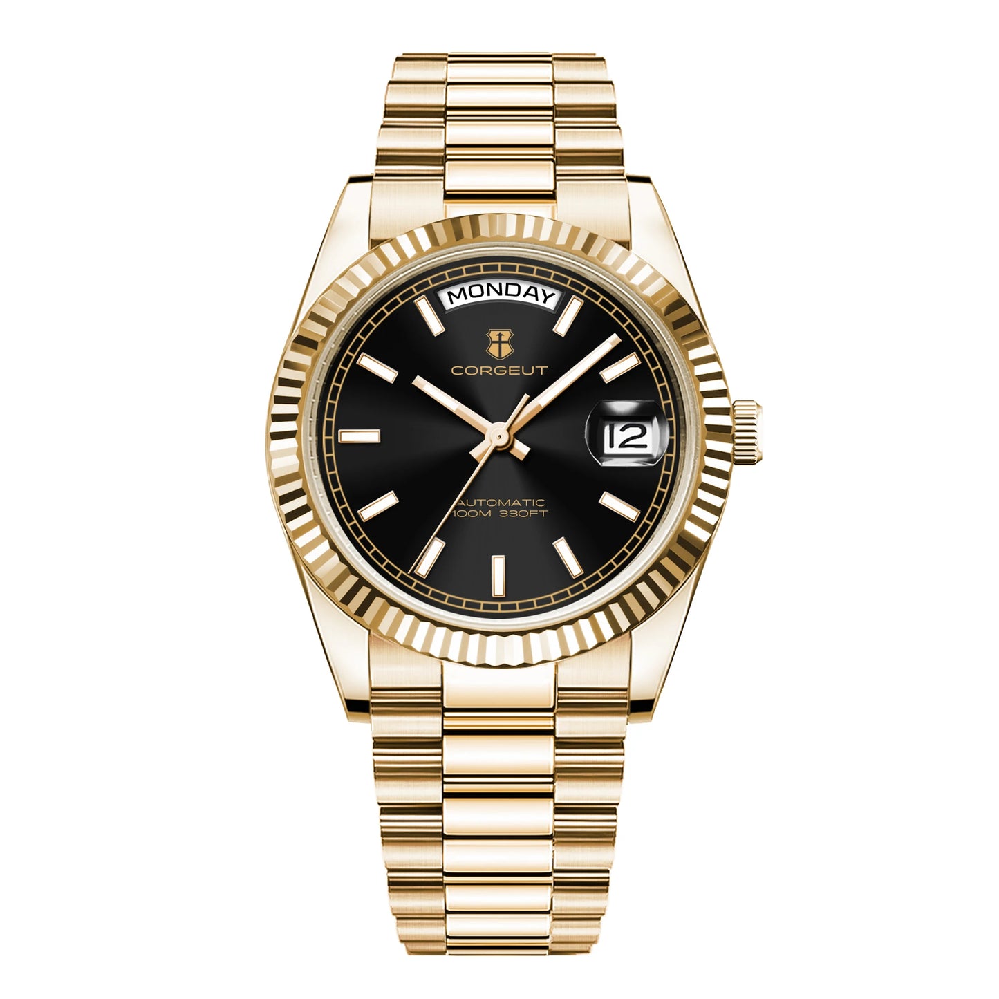 Reloj mecánico CORGEUT NH36 para hombre con indicador de día y fecha, brazalete President, caja de acero, bisel arqueado roscado, waterp