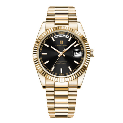 Reloj mecánico CORGEUT NH36 para hombre con indicador de día y fecha, brazalete President, caja de acero, bisel arqueado roscado, waterp