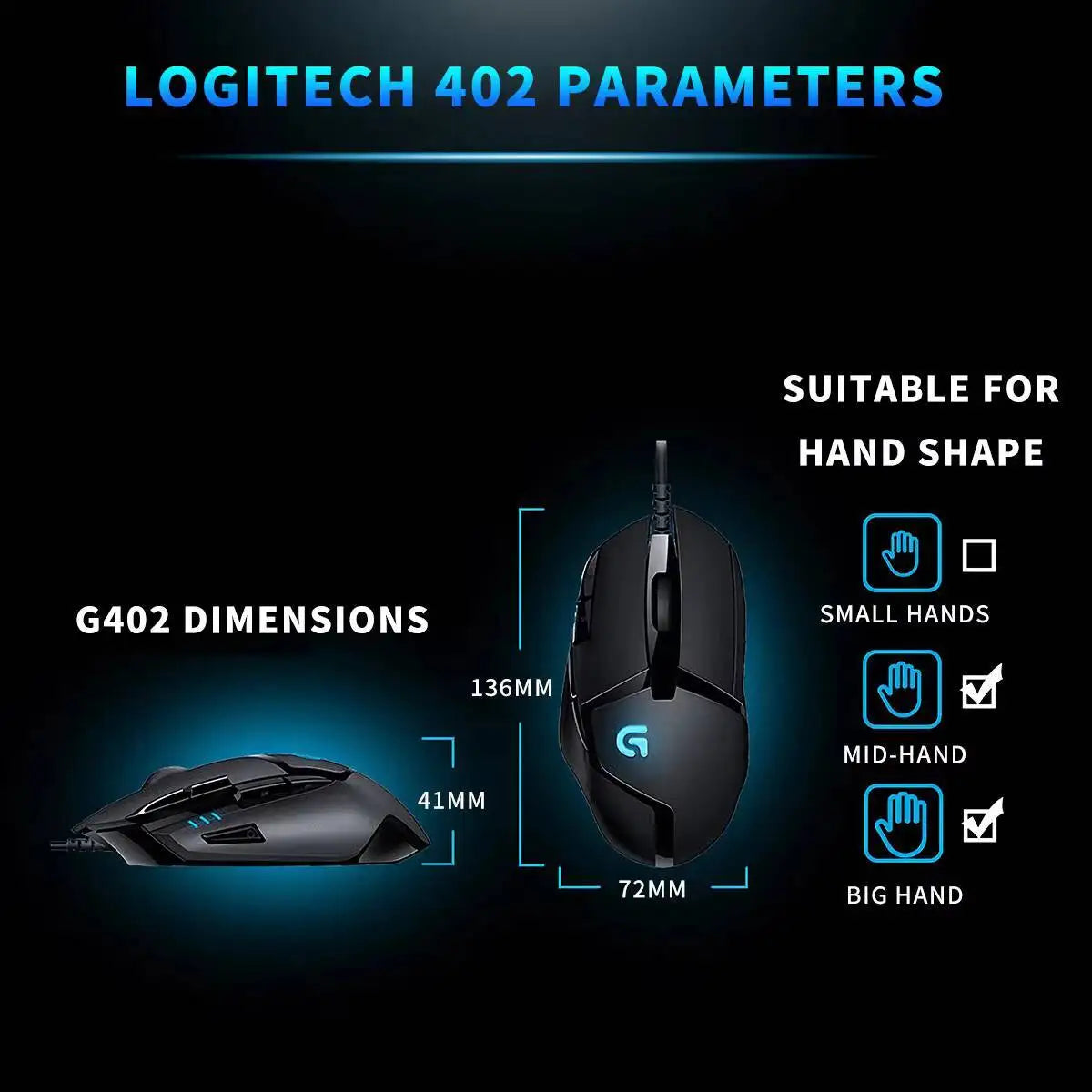 Ratón gaming con cable Logitech G402, procesador ARM de 32 bits, 8 botones, 500 IPS, antideslizante, para sesiones de juego y trabajo durante todo el día