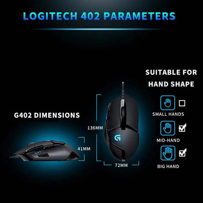 Ratón gaming con cable Logitech G402, procesador ARM de 32 bits, 8 botones, 500 IPS, antideslizante, para sesiones de juego y trabajo durante todo el día