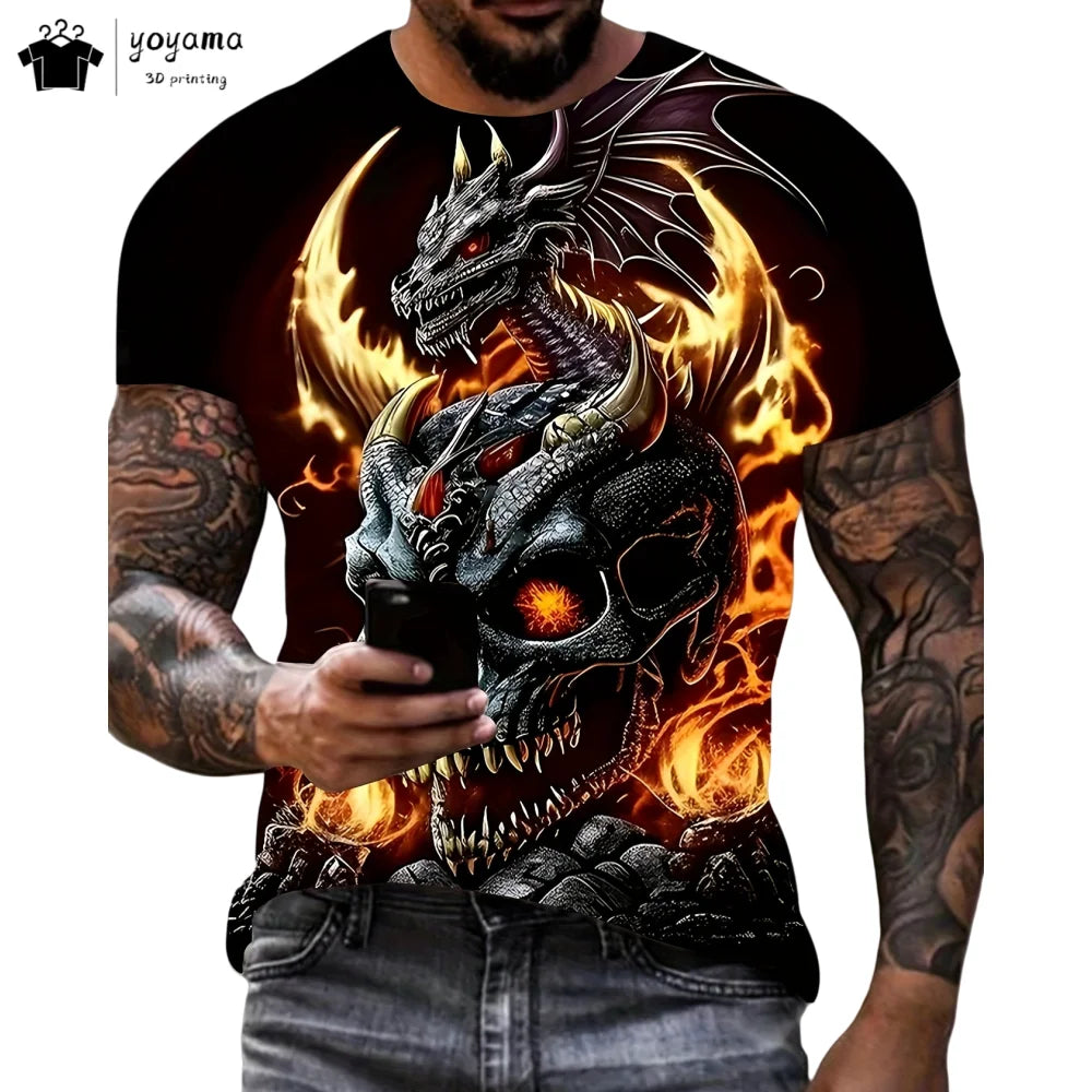 Herren-T-Shirt mit Drachenmuster, kurzärmeliges Fashion-Streetwear-Shirt, Rundhals-Top mit trendigem 3D-Tierprint, locker und vielseitig, Herrenbekleidung