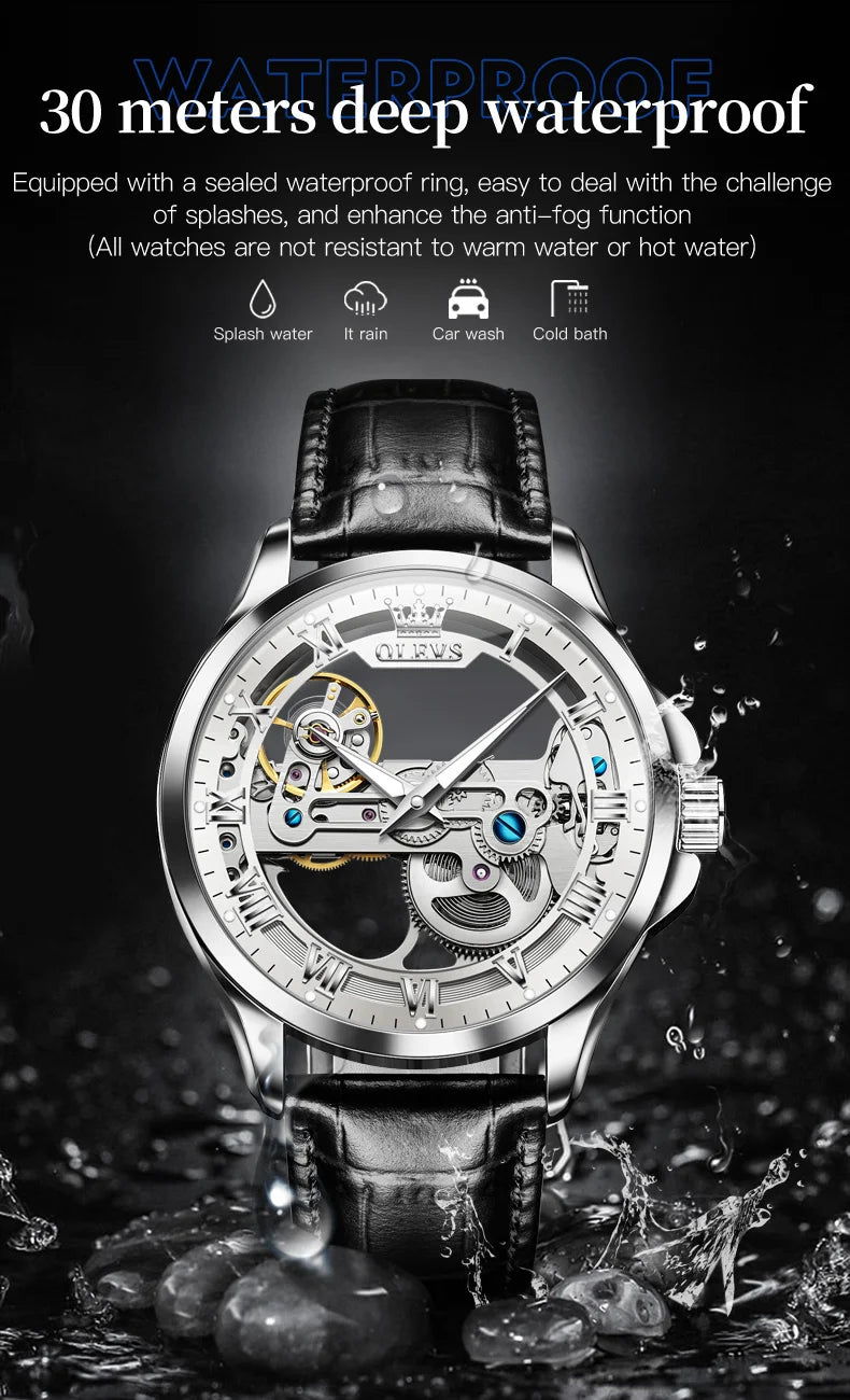 OLEVS Skeleton Automatic Mechanical Watch Men Leather Strap Luminous Waterproof Luxury Business Wristwatch For Man 6661