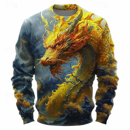 Sweatshirt til mænd med 3D-print af modedrage, traditionelt kulturelt element, vintage og stilfuld O-hals, løs pullover til efteråret
