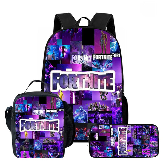 Fortnite Cartoon 3-teiliges Rucksack-Set für Jungen und Mädchen, unisex, mit Schulranzen, Lunch Bag und Federmäppchen, geeignet für Kinder von 5-8 Jahren