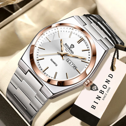 BINBOND luxury quartz wristwatch, luminous, water-resistant, day of the week, automatic date, steel bracelet, business, sport, fashion and casual styles.