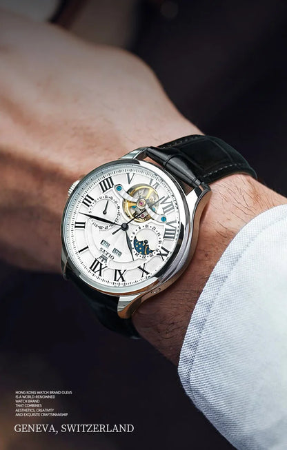 OLEVS 7013 Men’s Automatic Mechanical Watch Moon Phase, Roman Numeral Dial, Skeleton Flywheel, Luminous & 30M Waterproof