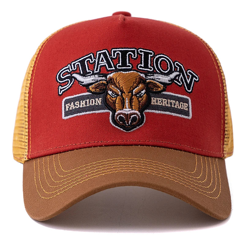 Unisex Summer Breathable Mesh Trucker Hat Bulls Head Pattern Baseball Cap Adjustable Snapback Hats For Men And Women