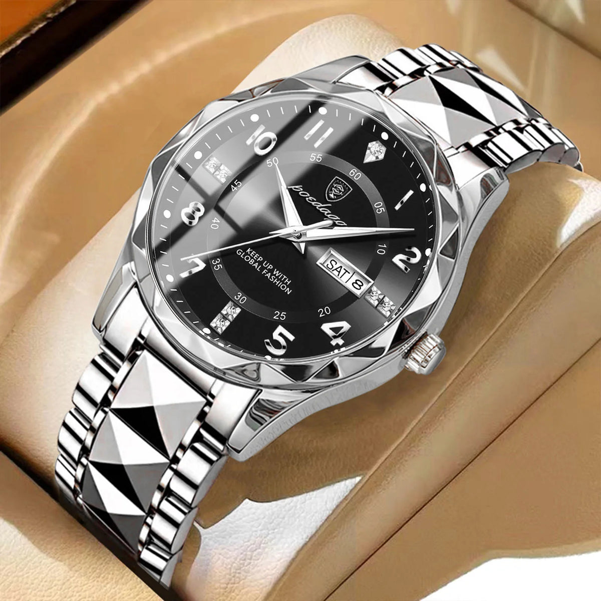 Męski zegarek POEDAGAR Fashion Luxury, wodoodporny, podświetlany, z mechanizmem kwarcowym, bransoletą ze stali nierdzewnej, datownikiem i wskaźnikiem dnia tygodnia, w stylu casualowym.