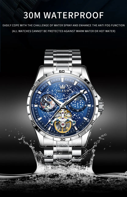 OLEVS Men’s Flywheel Skeleton Automatic Watch Starry Sky Dial, Luminous Mechanical Movement & Waterproof Business Wristwatch