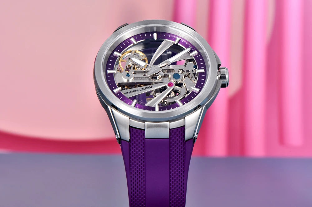 PAGANI DESIGN men’s watch – Luxury automatic mechanical model, ‘skeleton’ (open-heart) style, featuring a tourbillon, sapphire crystal with anti-reflective coating, water-resistant and luminescent.