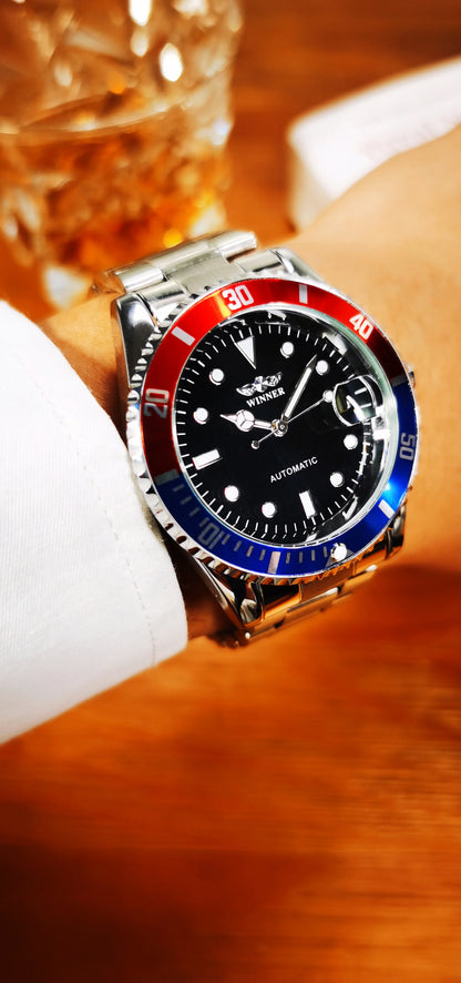 Classic mechanical watch for men – Luxury brand, business style, automatic movement, rotating bezel, luminescent dial, steel bracelet