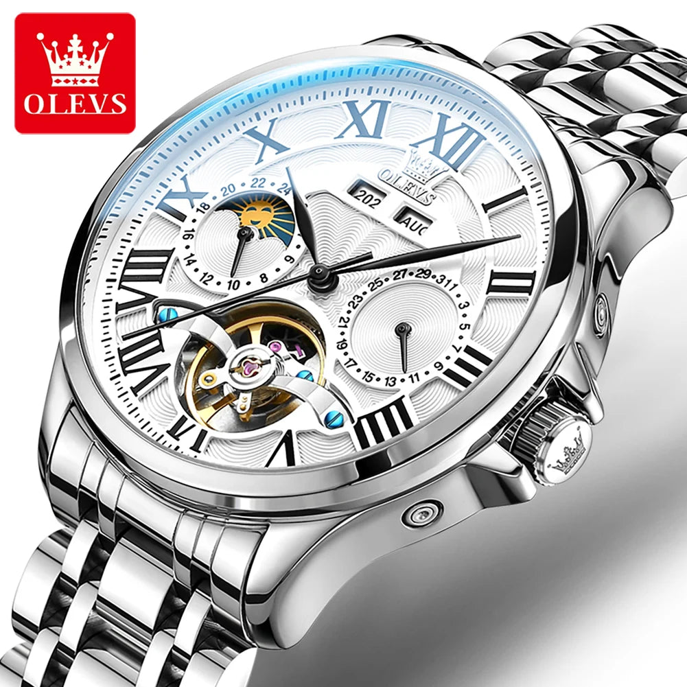 OLEVS 7013 Men’s Automatic Mechanical Watch Moon Phase, Roman Numeral Dial, Skeleton Flywheel, Luminous & 30M Waterproof