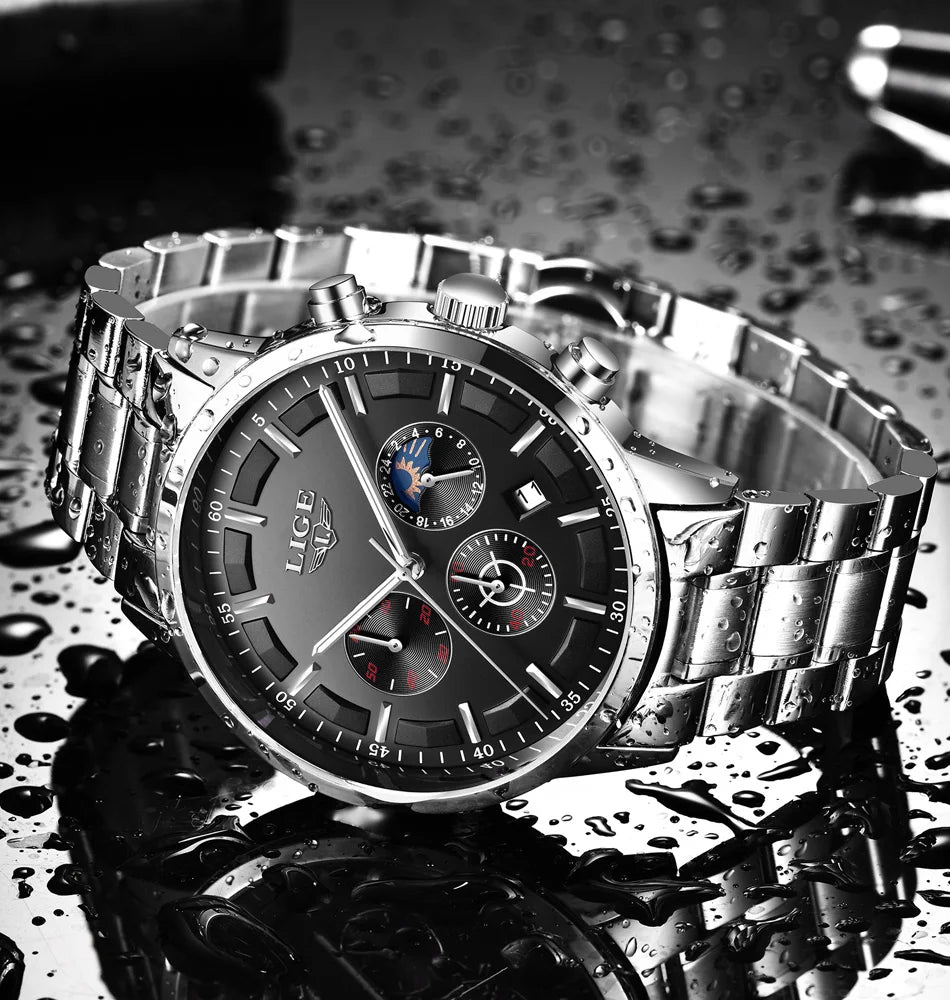 LIGE Men’s Watch – Luxury quartz chronograph, water-resistant (3 bar), with luminescent hands – Gift idea (box included)