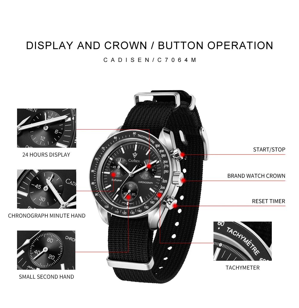 CADISEN Új férfi karórák Luxus kvarc karóra férfiaknak Zafír AR bevonatú üveg Vászon VK68 Speed Chronograph Automatikus