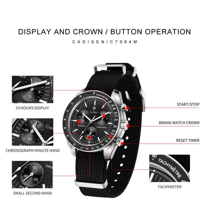 CADISEN Új férfi karórák Luxus kvarc karóra férfiaknak Zafír AR bevonatú üveg Vászon VK68 Speed Chronograph Automatikus