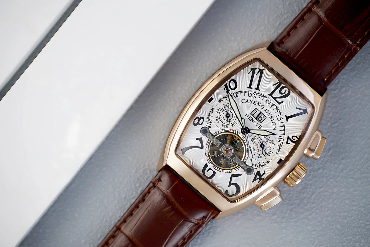 CASENO csúcsminőségű luxusmárka férfi teljesen automatikus mechanikus tourbillon karóra naptárral, éjszakai világítással, tonneau alakú, áttört karóra -577G