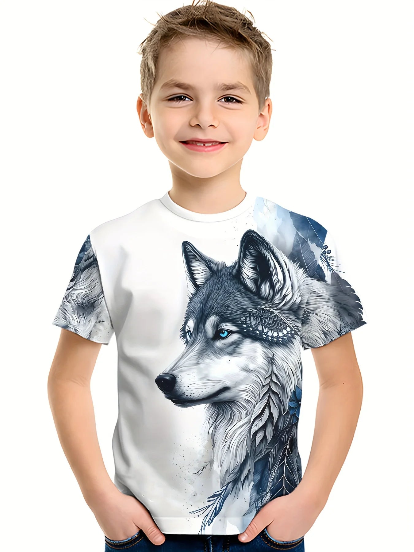 Children's Clothing Boys Tshirt Short Sleeve Cool 3D Wolf Print Kids Summer Clothes Stylish Streetwear Round Neck Girl Clothes﻿