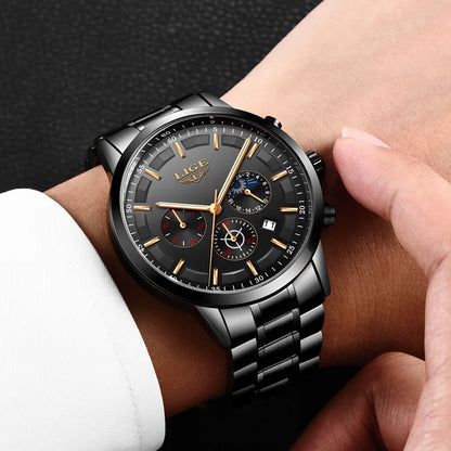 LIGE Men’s Watch – Luxury quartz chronograph, water-resistant (3 bar), with luminescent hands – Gift idea (box included)