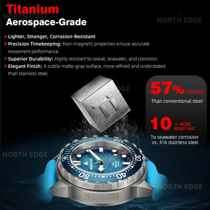 NORTH EDGE NEW+ TRITON-TI titán napelemes búváróra, luxus kvarc karóra férfiaknak, 300 m vízállóság, 180+ napos üzemidő