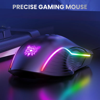 Drátová herní myš ONIKUMA, 6 úrovní nastavení, 6400 DPI, 7 programovatelných tlačítek, 7 režimů RGB osvětlení, ergonomická myš pro PC hráče