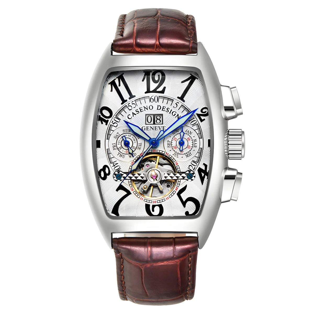 CASENO csúcsminőségű luxusmárka férfi teljesen automatikus mechanikus tourbillon karóra naptárral, éjszakai világítással, tonneau alakú, áttört karóra -577G