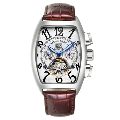 CASENO csúcsminőségű luxusmárka férfi teljesen automatikus mechanikus tourbillon karóra naptárral, éjszakai világítással, tonneau alakú, áttört karóra -577G