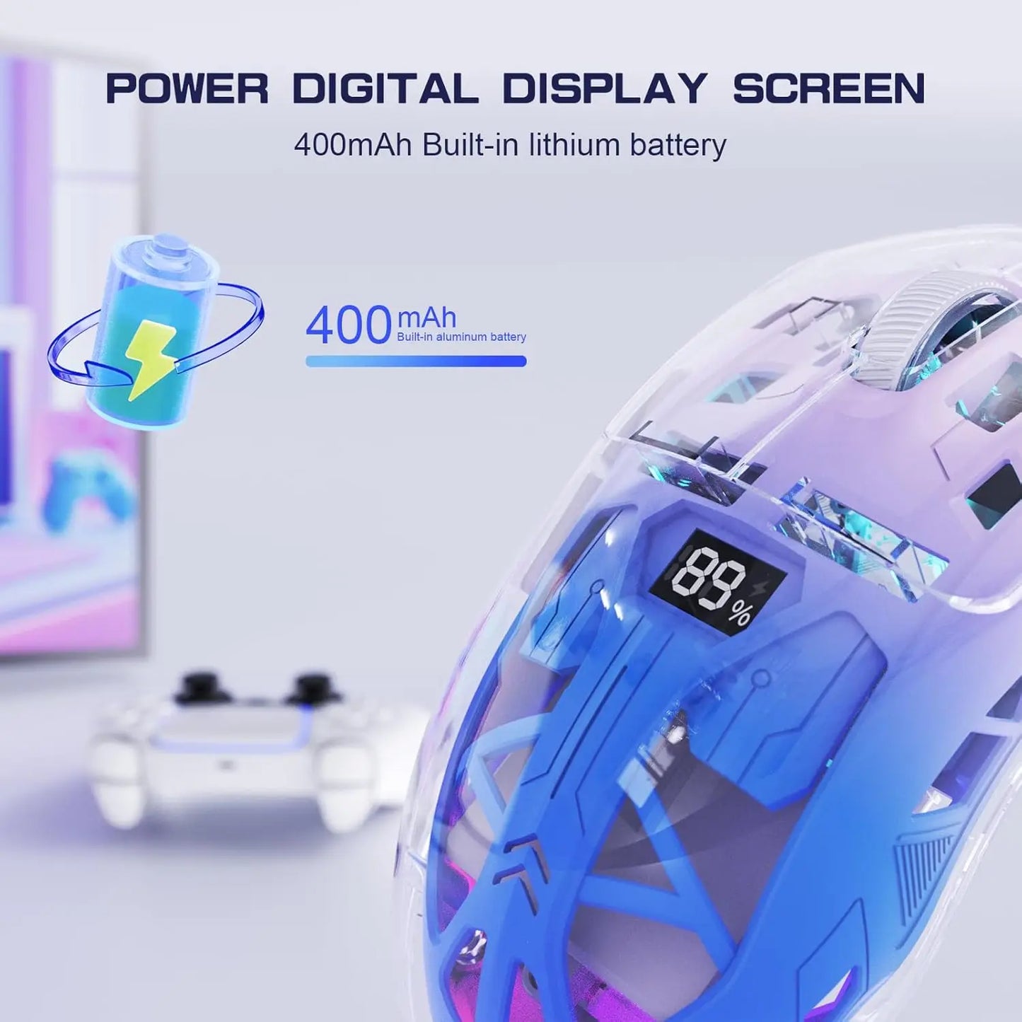 A2 transparent trådløs gamingmus, BT 5.0/2.4G genopladelig RGB-mus til PC med digital skærm, PixArt 3212, 5 justerbare DPI