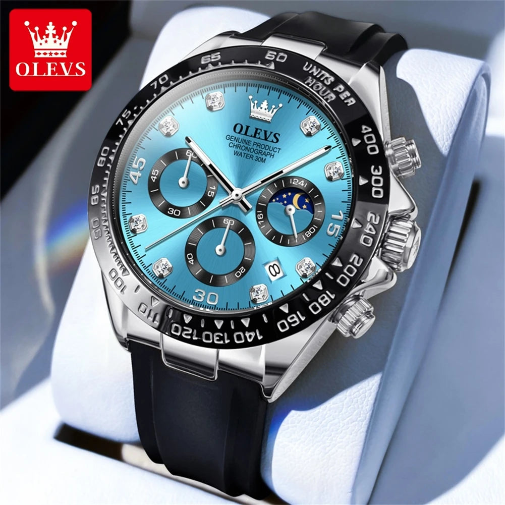Montre à quartz pour homme OLEVS 2875 – Chronographe de marque de luxe, bracelet en silicone, date automatique, étanche, phase de lune, style sportif